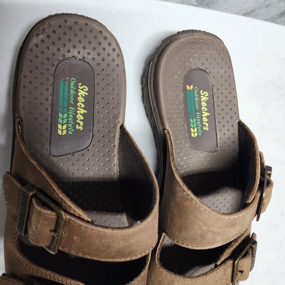 Skechers Slide Sandals Womens Size 9 Brown Leather Double Strap Reggae Jammin - Picture 12 of 13